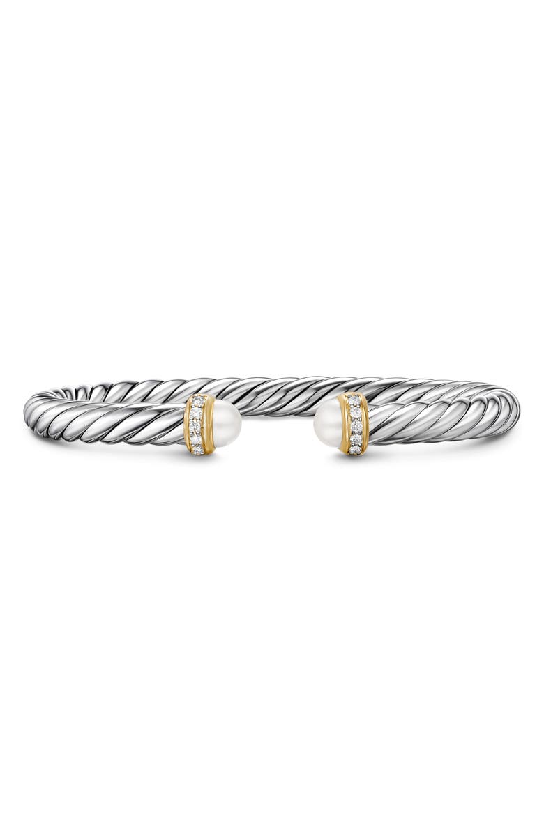 David Yurman Cable Flex Bracelet in Sterling Silver with 14K Yellow Gold, Pearls & Diamonds, 6mm, Main, color, Silver Pave