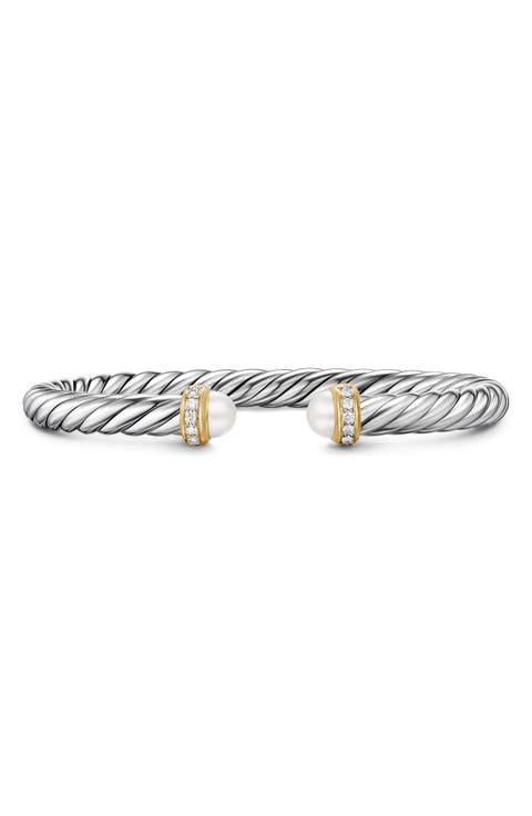 Cable Flex Bracelet in Sterling Silver with 14K Yellow Gold, Pearls & Diamonds, 6mm