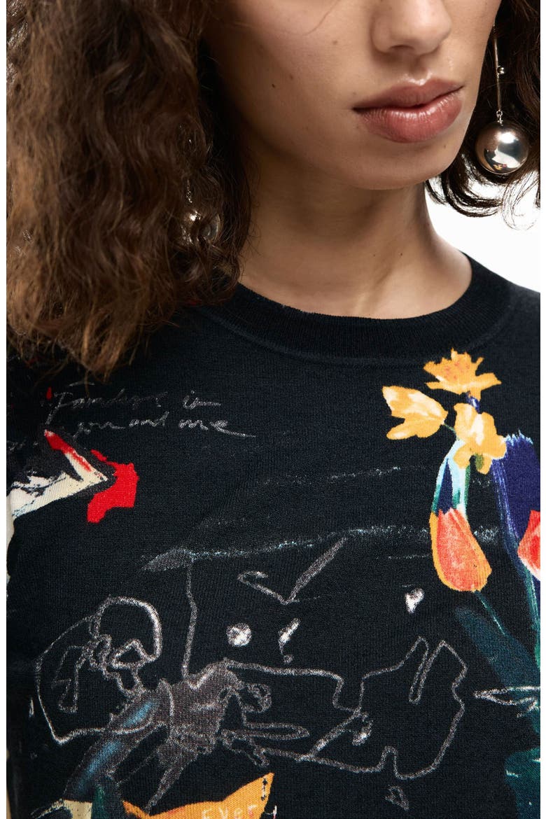 Floral Fine Gauge Crewneck Sweater, Alternate, color, BLACK