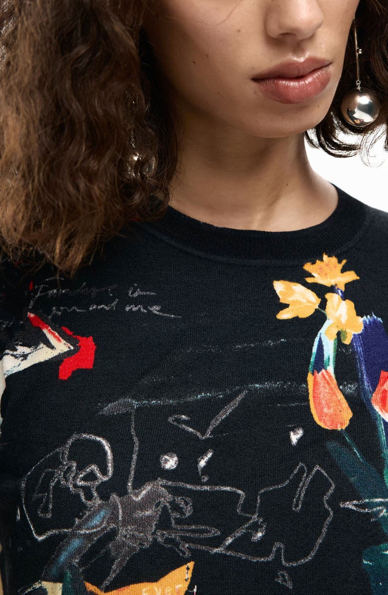 Desigual Floral Fine Gauge Crewneck Sweater, Alternate, color, Black