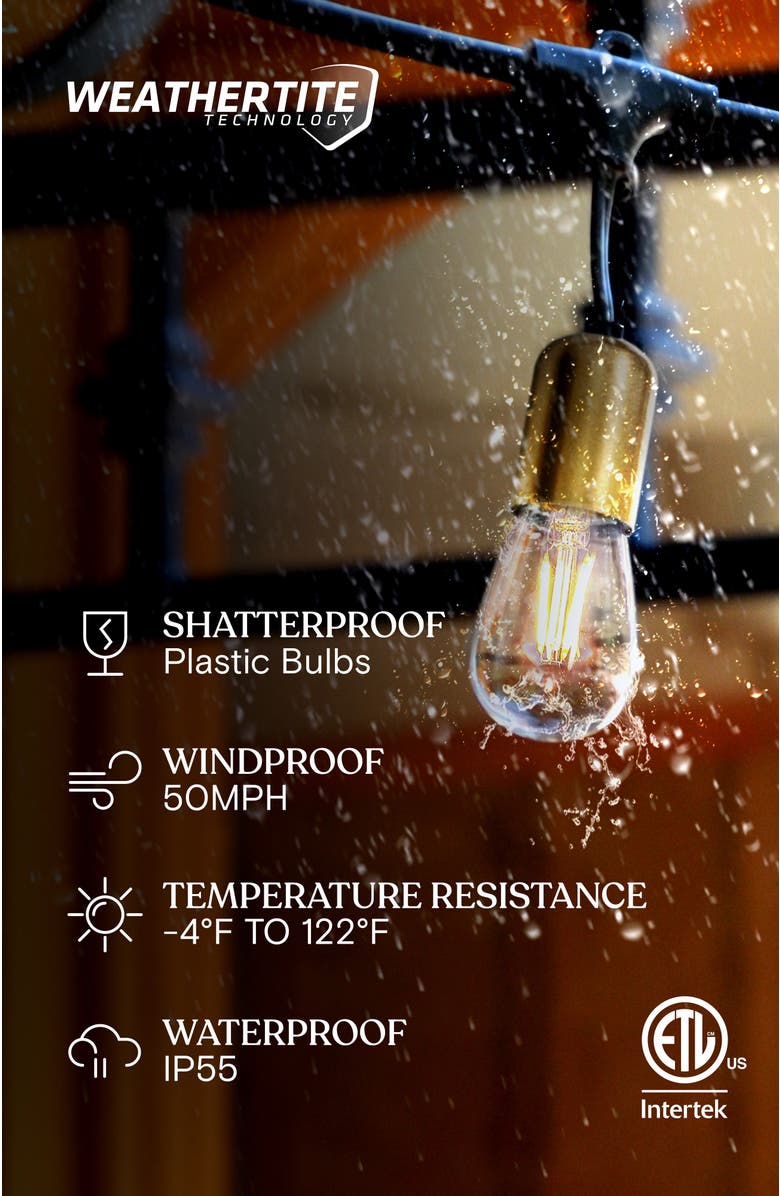 Brightech 48 ft, 15‑light Plug‑In Heavy Duty LED Outdoor String Lights, Gold Accent Brass Socket and Weatherproof Bulbs, Alternate, color, 48 Ft 15 Bulbs | Soft White