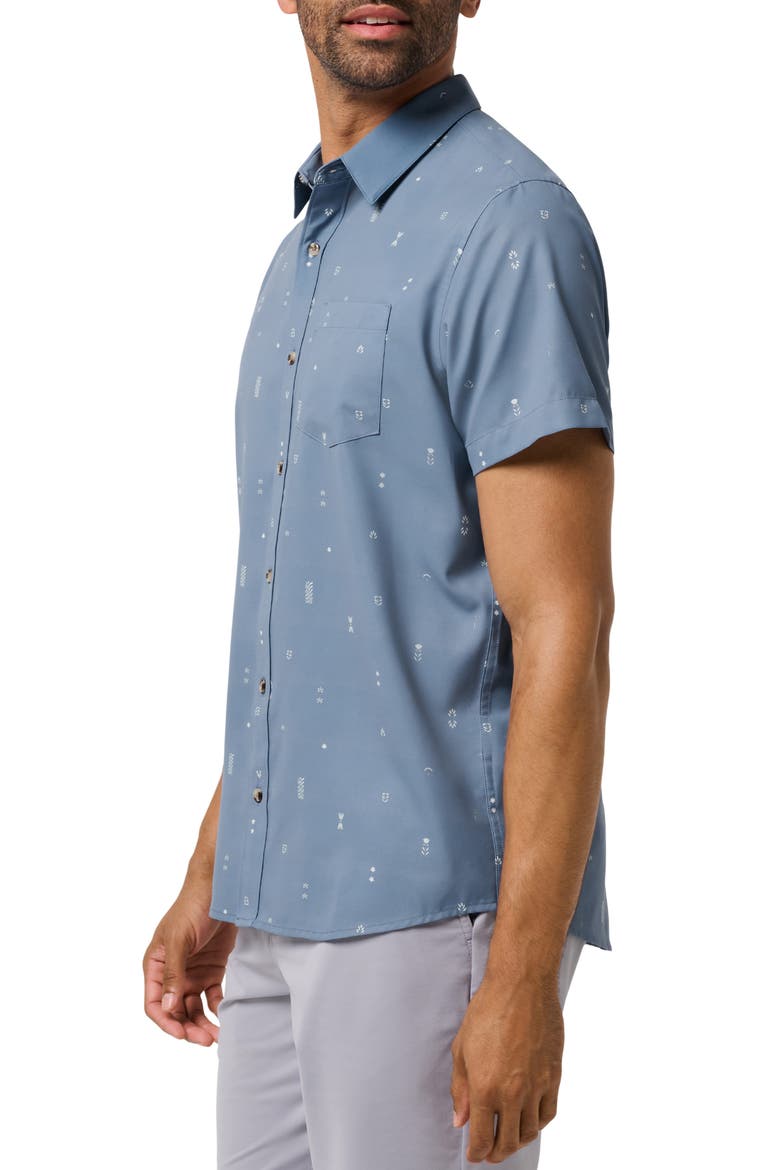Techwoven Waves Geo Print Short Sleeve Performance Button-Up Shirt, Alternate, color, BLUE HORIZON