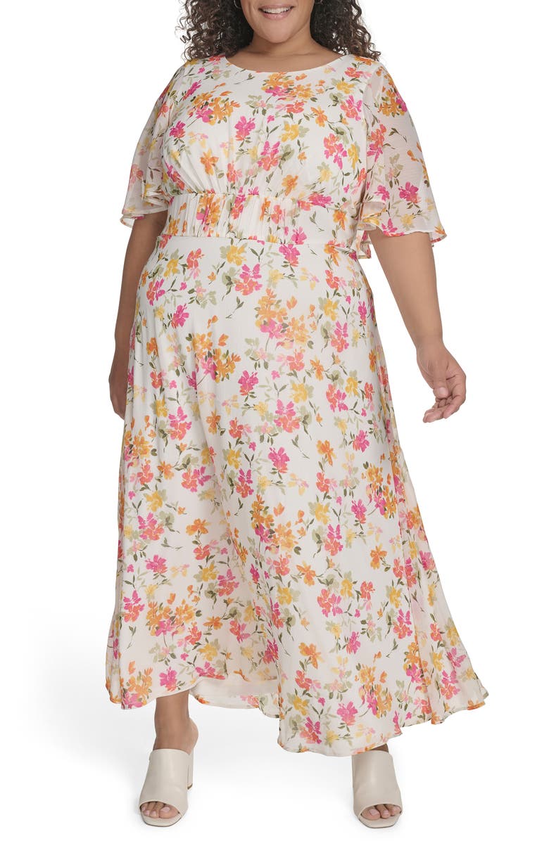 Calvin Klein Floral Capelet Short Sleeve Chiffon Maxi Dress, Main, color, Berry Multi