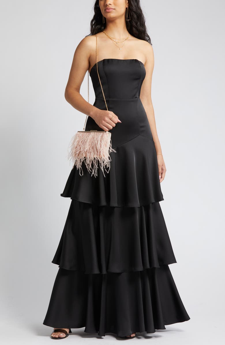 Lulus Blissfully Beautiful Strapless Tiered Satin Gown, Main, color, 