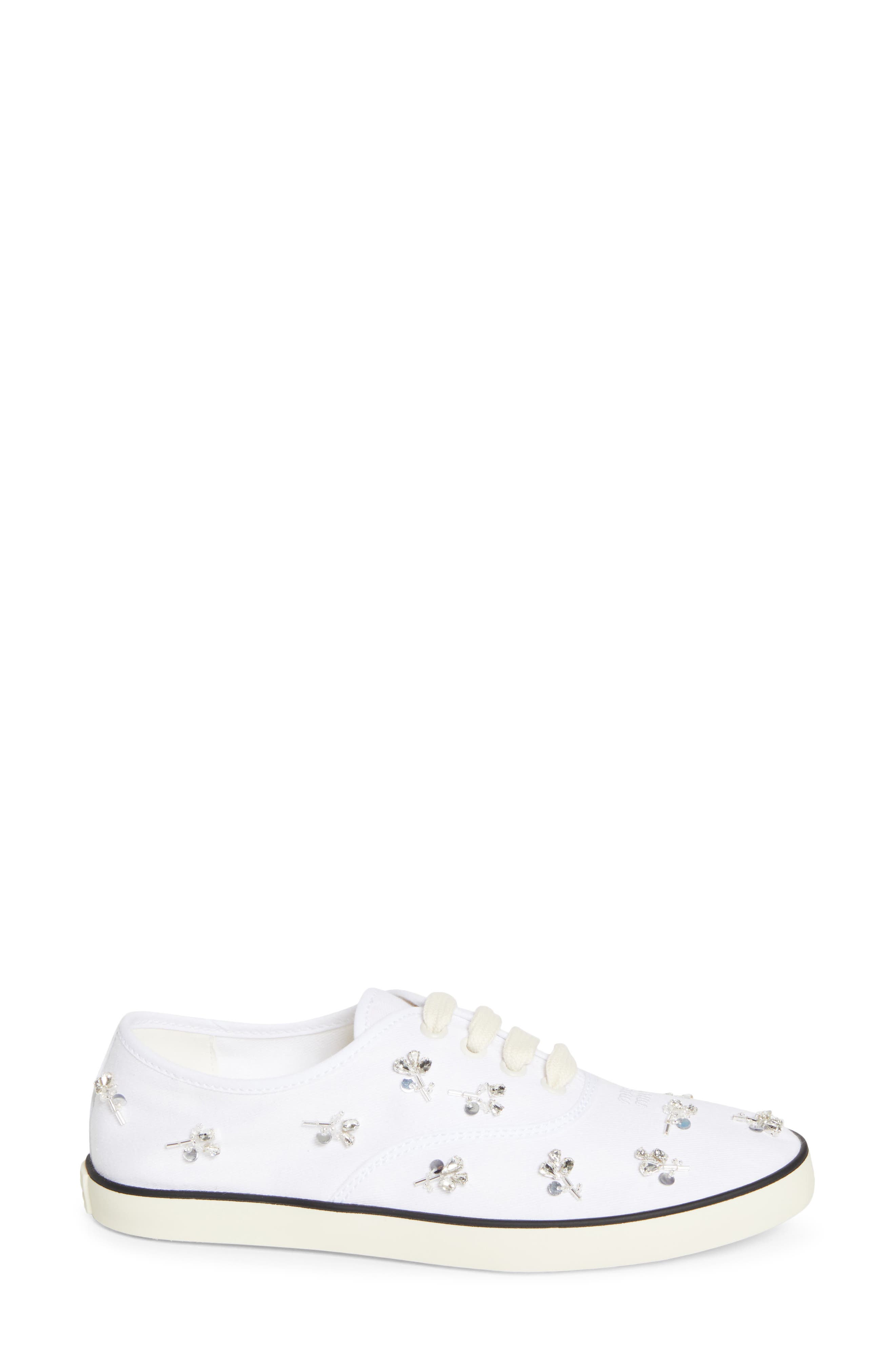 Miu Miu Crystal Embellished Low Top Canvas Sneaker, Alternate, color, White