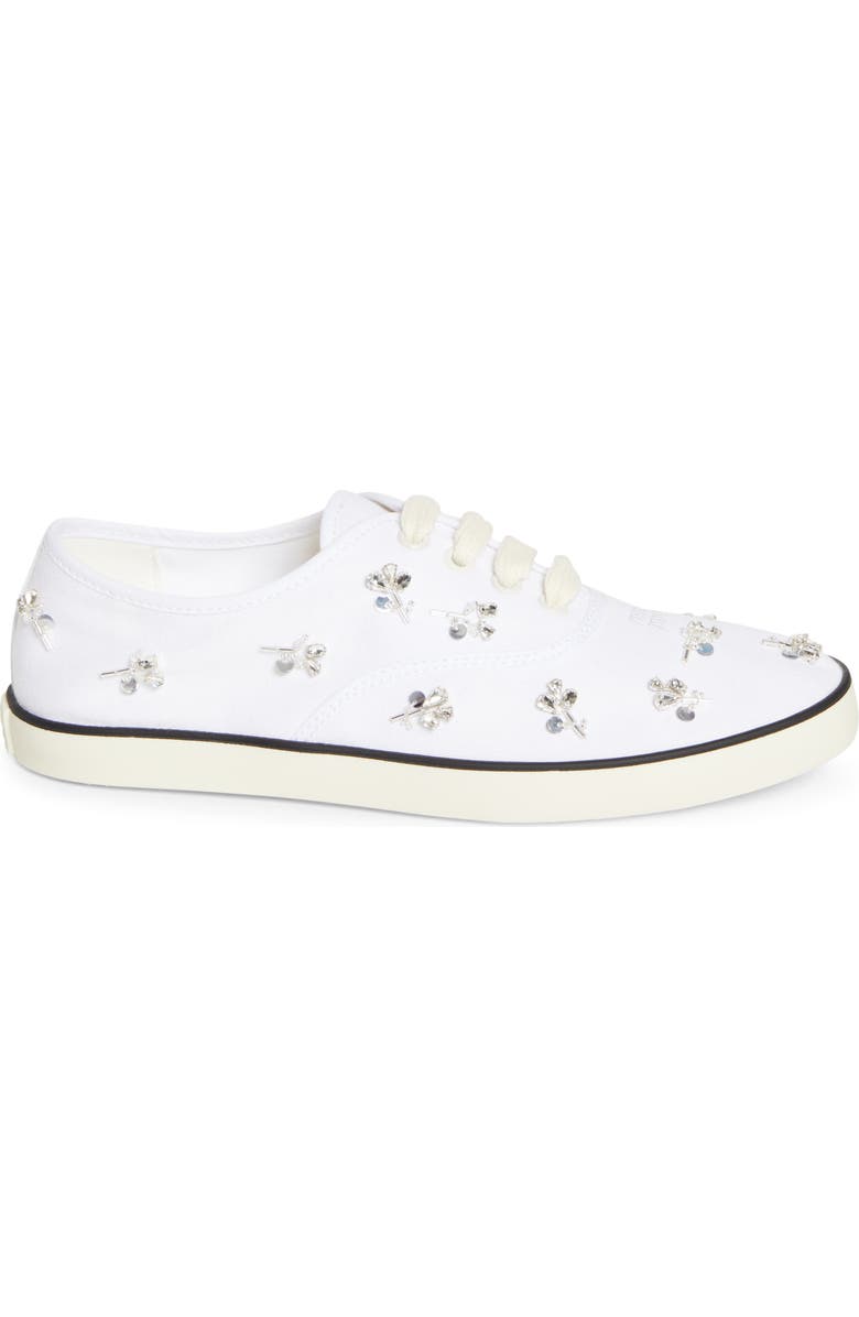 Miu Miu Crystal Embellished Low Top Canvas Sneaker, Alternate, color, White