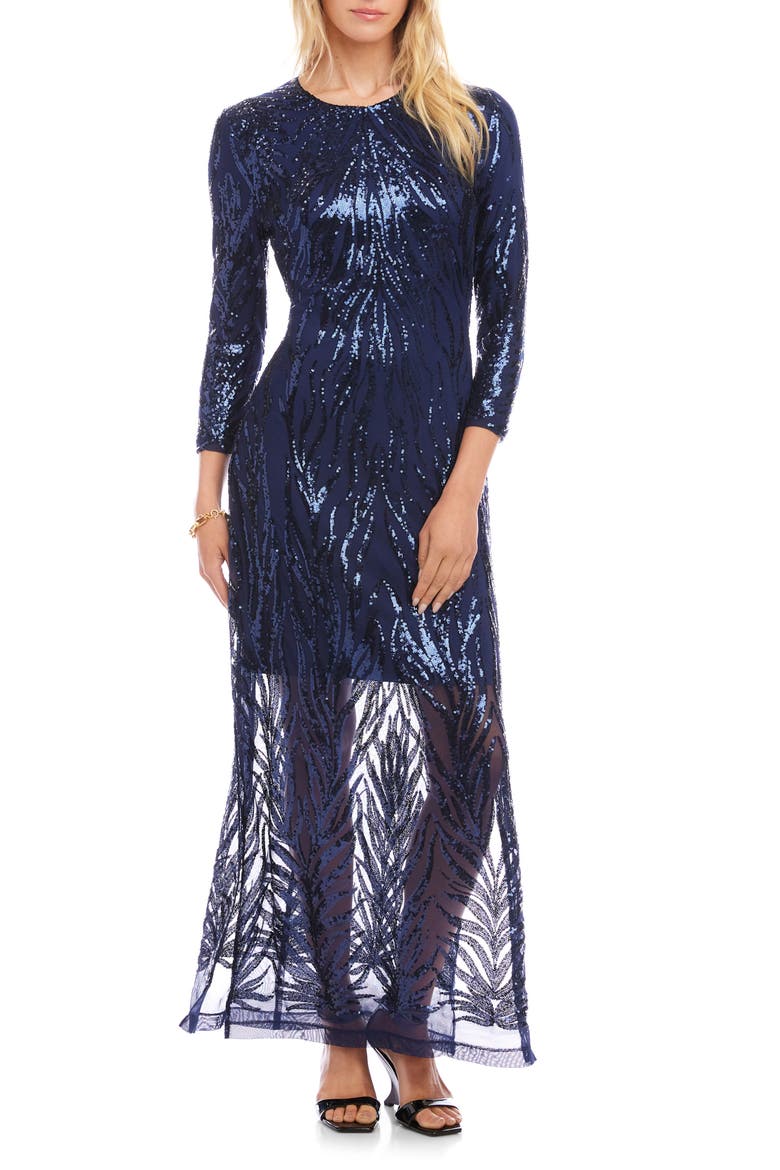 Sequin Long Sleeve Evening Gown, Main, color, NAVY