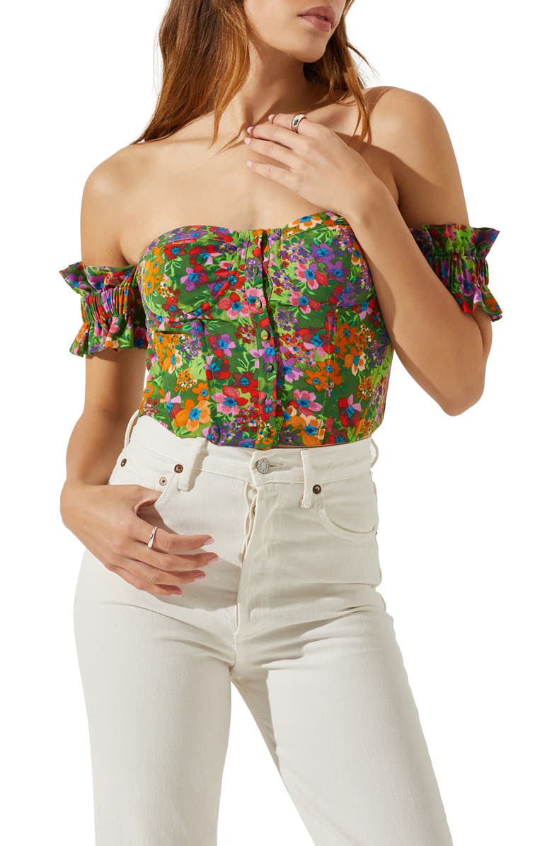 ASTR the Label Print Off the Shoulder Corset Top, Main, color, Green Multi Floral