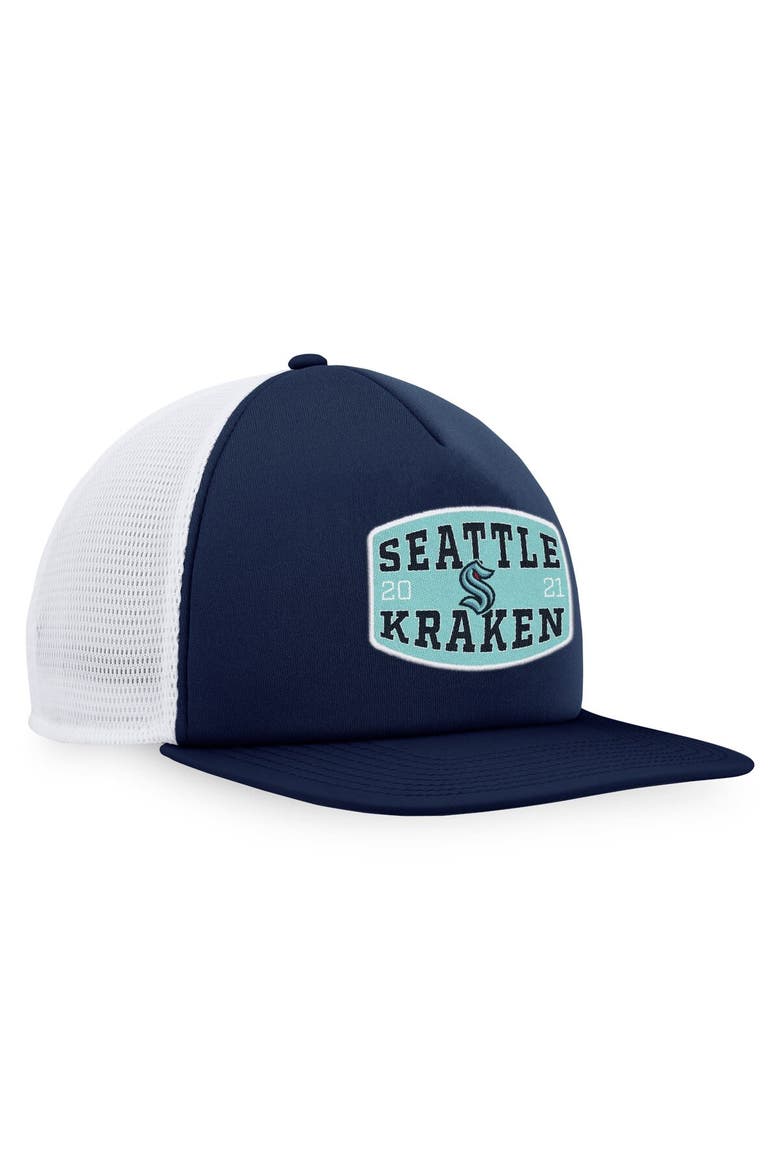 Men's Fanatics Branded Deep Sea Blue/White Seattle Kraken Foam Front Patch Trucker Snapback Hat, Alternate, color, Navy