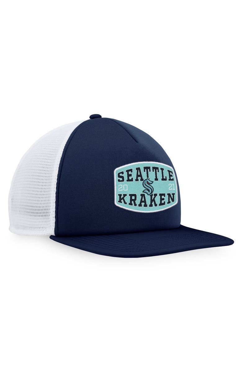 FANATICS Men's Fanatics Branded Deep Sea Blue/White Seattle Kraken Foam Front Patch Trucker Snapback Hat, Alternate, color, Navy