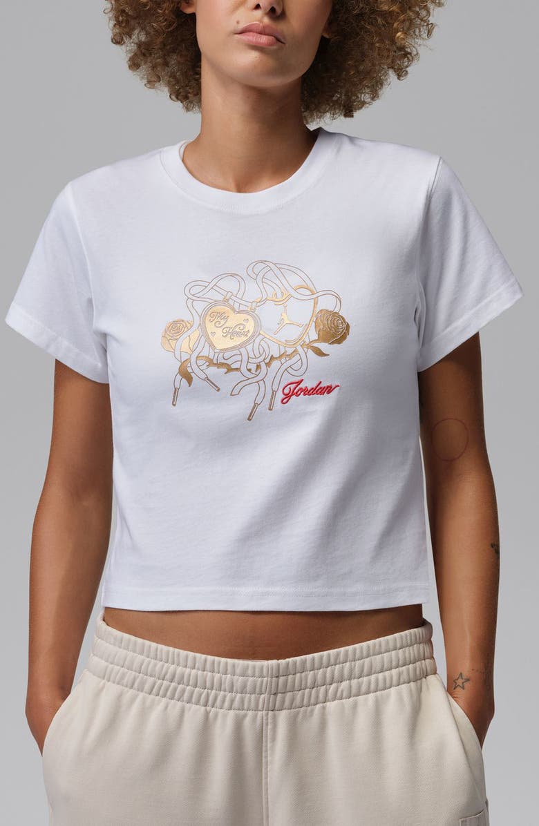 Jordan Metallic Logo Graphic Shrunken Cotton T-Shirt, Main, color, White