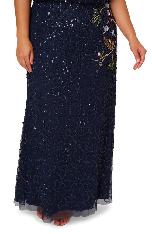 Adrianna Papell Floral Embroidery & Sequin Mesh Mermaid Gown In Blue