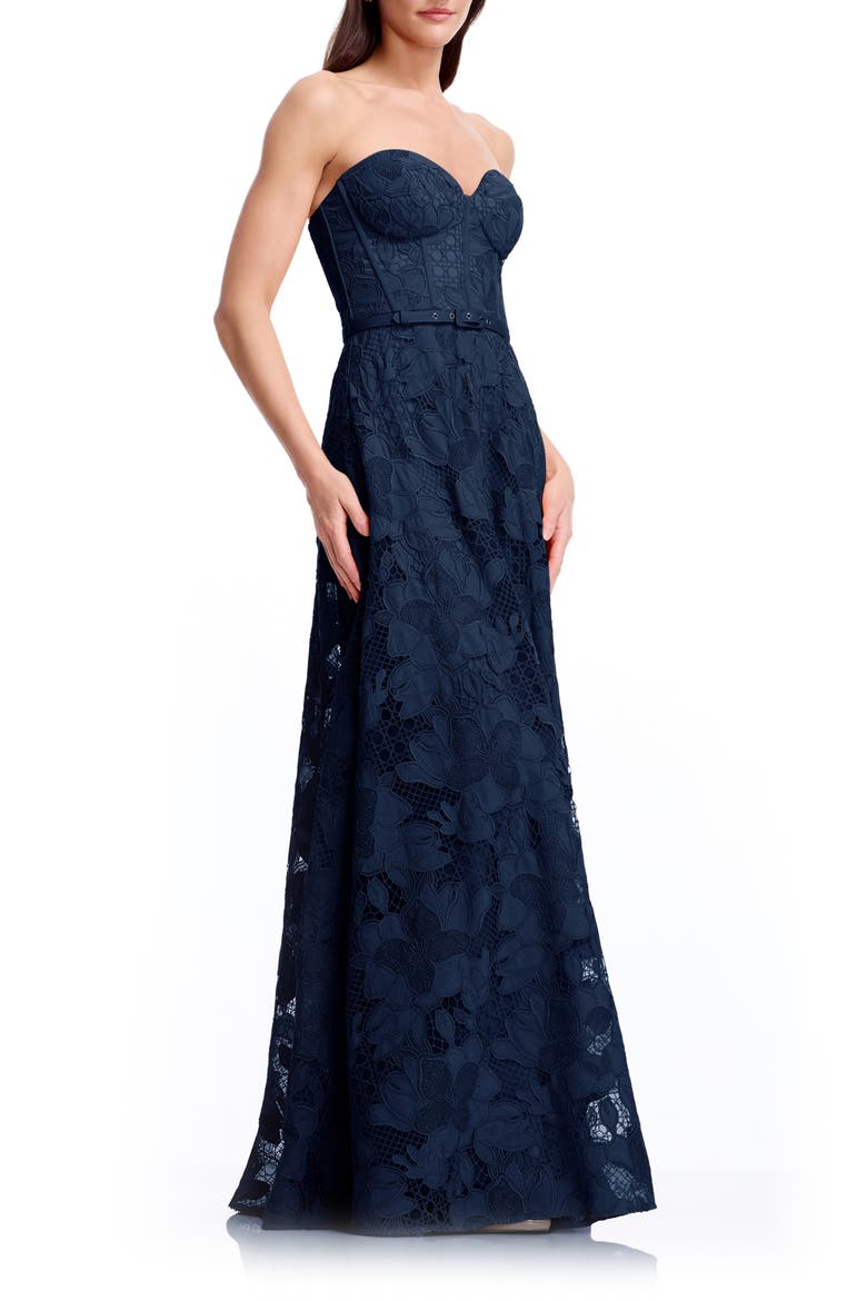 Pierson Floral Lace Belted Strapless Gown, Alternate, color, NAVY