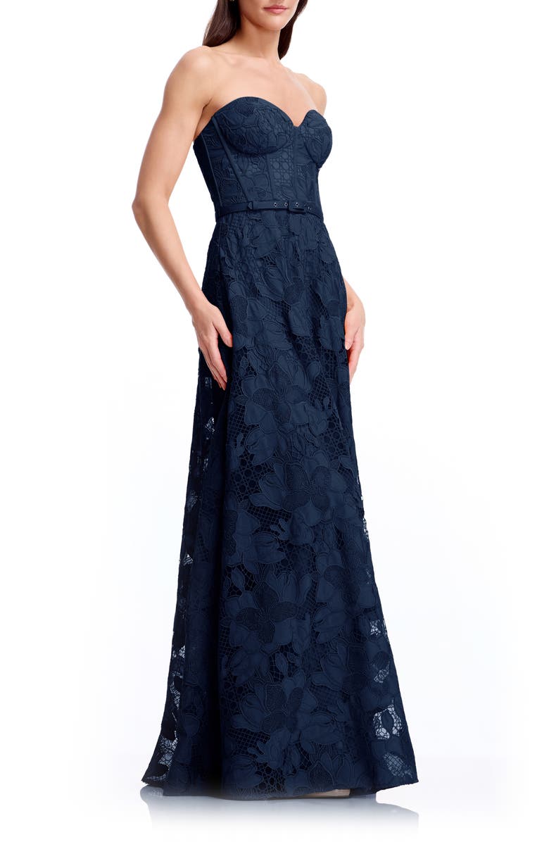 Dress the Population Pierson Floral Lace Belted Strapless Gown, Alternate, color, Navy