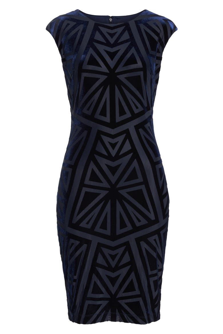 Velvet Jacquard Sheath Dress, Alternate, color, NAVY