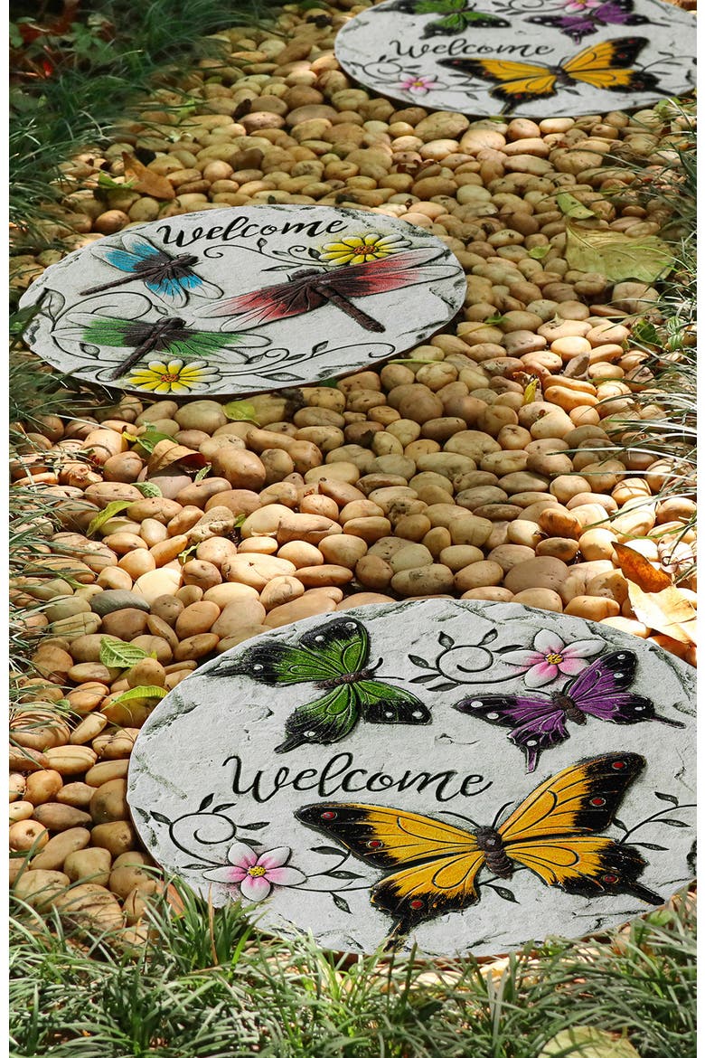 Set of 2 Cement Stepping Stones with Fluttering Butterflies and Dragonflies Pattern, Alternate, color, White