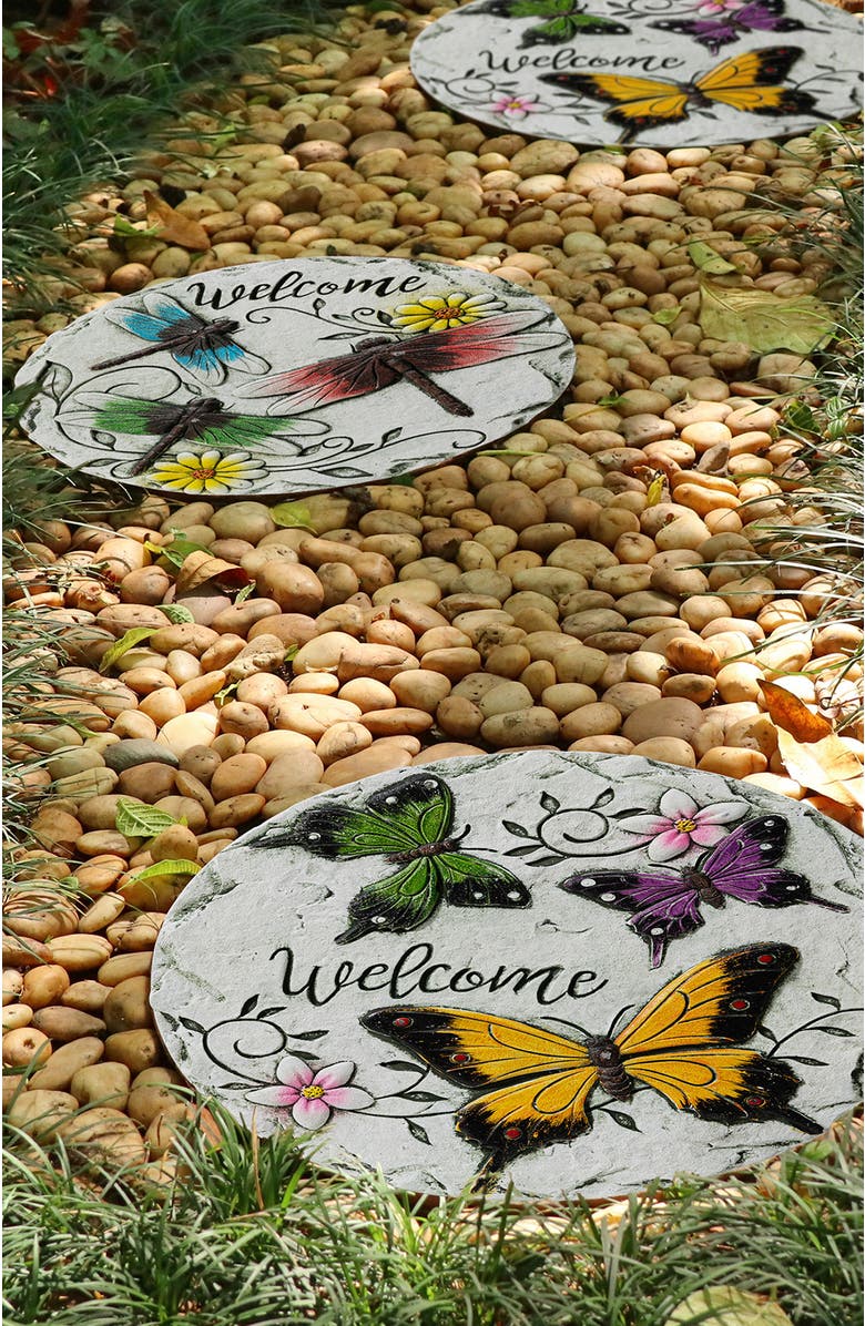Glitzhome Set of 2 Cement Stepping Stones with Fluttering Butterflies and Dragonflies Pattern, Alternate, color, White