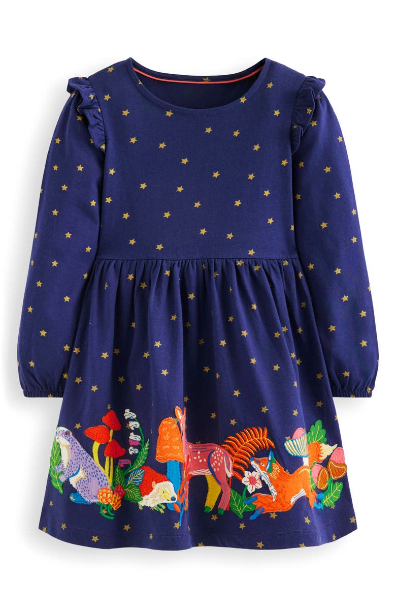 Mini Boden Kids' Embroidered Ruffle Appliqué Long Sleeve Cotton Jersey Dress, Main, color, College Navy Animals