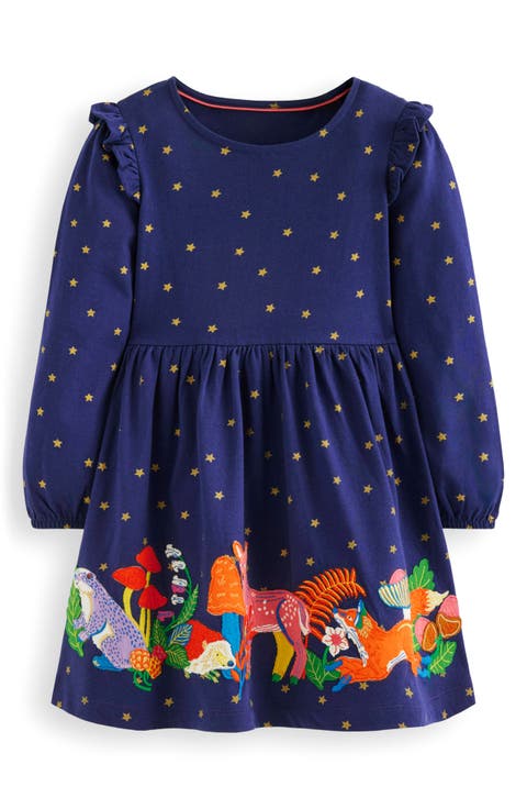Kids' Embroidered Ruffle Appliqué Long Sleeve Cotton Jersey Dress (Toddler, Little Kid & Big Kid)