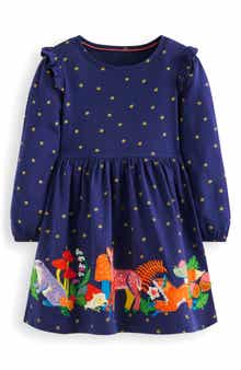 Mini Boden Kids' Embroidered Ruffle Appliqué Long Sleeve Cotton Jersey Dress