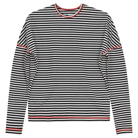 Striped Contrast Stitch Drop Shoulder Long Sleeve Top