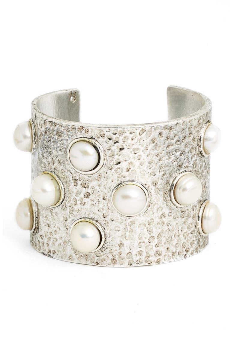 Hammered Imitation Pearl Cuff, Main, color, SILVER