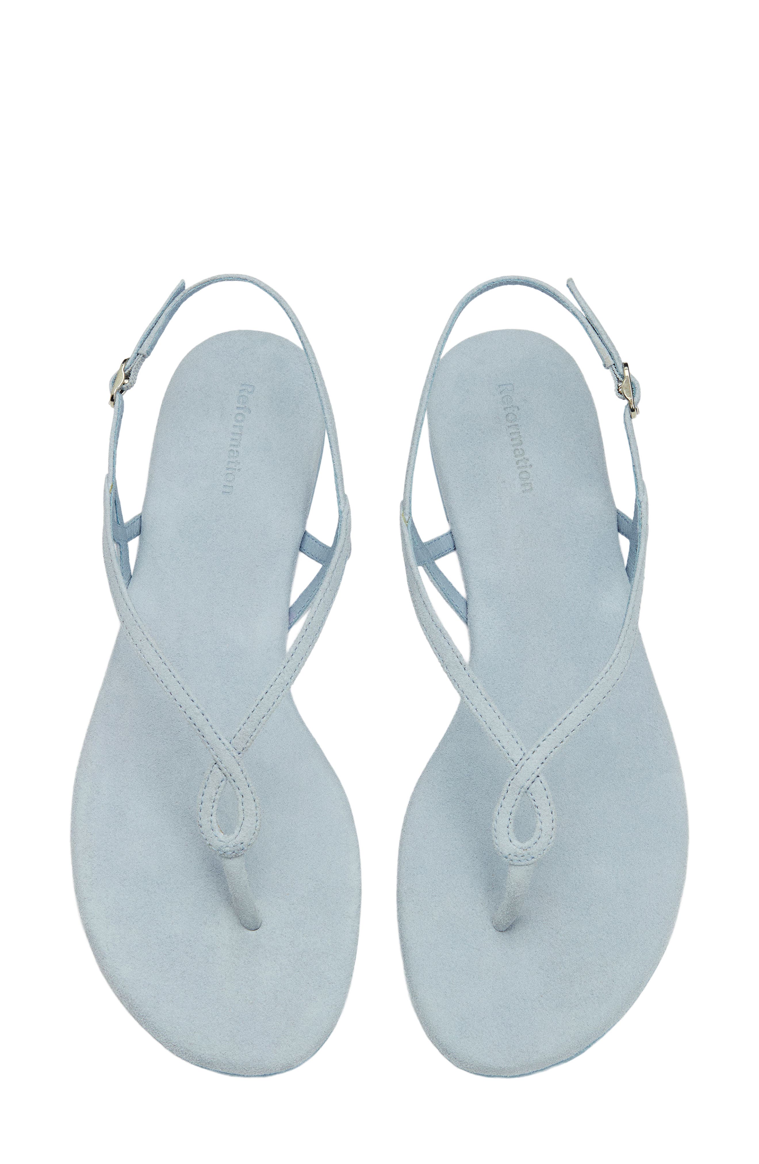 Reformation Luna Flat Sandal, Alternate, color, Mist Suede