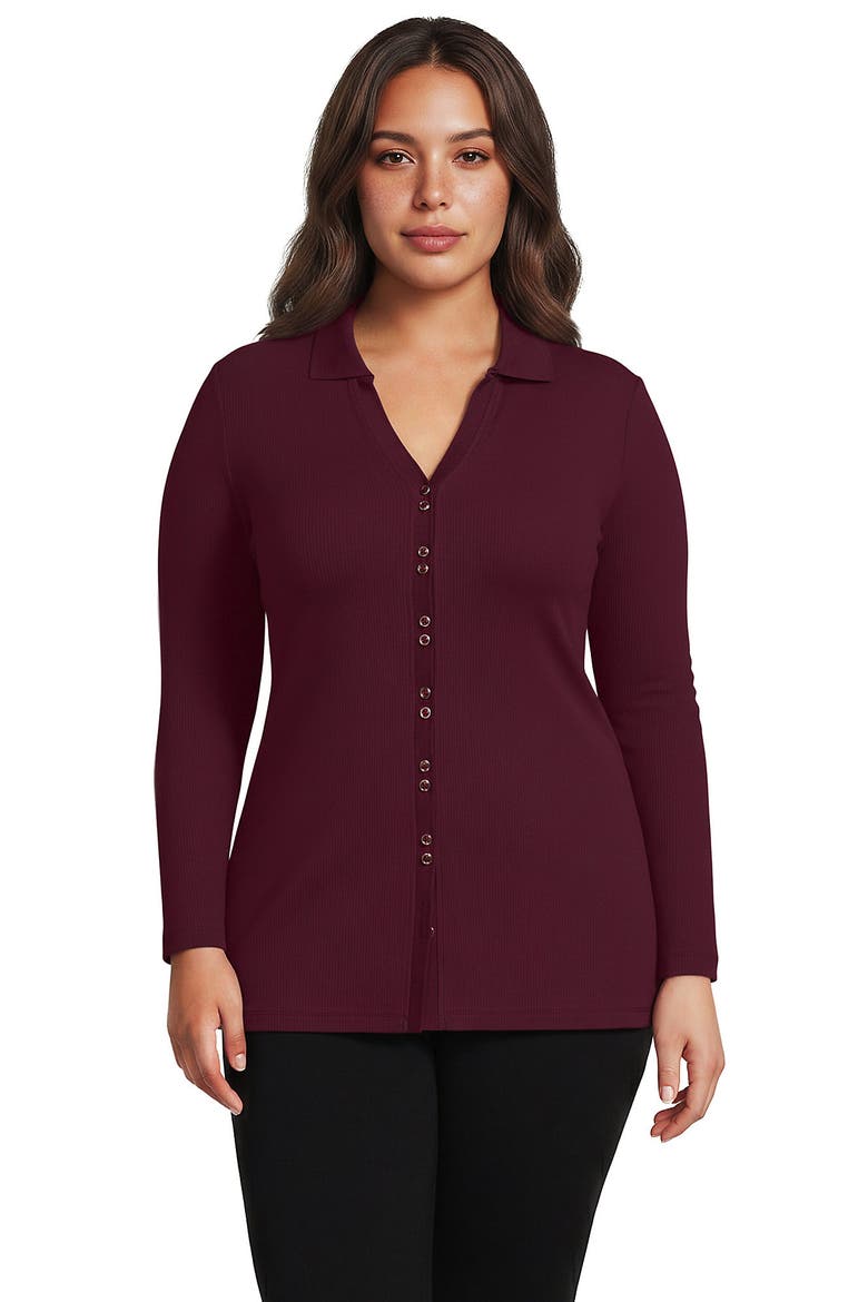 Plus Size Long Sleeve Polished Rib Button Through Tunic Shirt, Main, color, Rich Burgundy