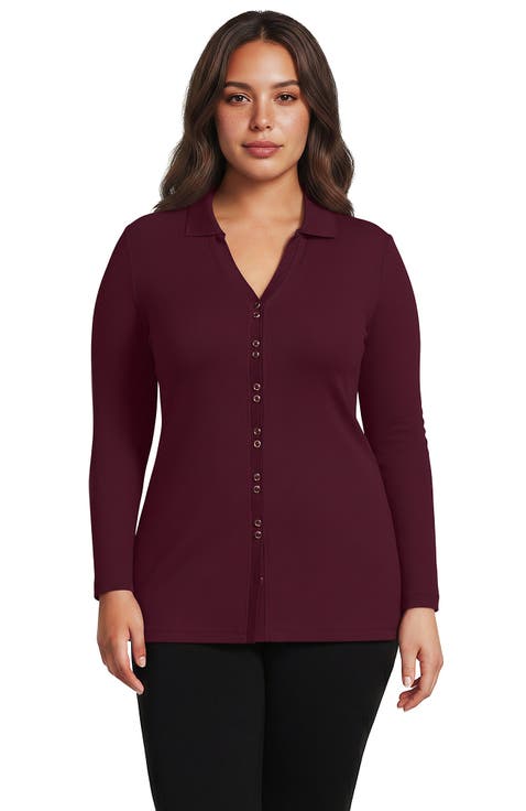 Long Sleeve Polished Rib Button Through Tunic Shirt