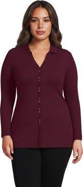 Lands' End Plus Size Long Sleeve Polished Rib Button Through Tunic Shirt