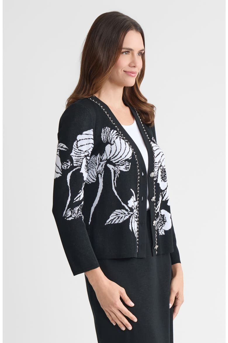 Heritage Chain Trim Floral Jacquard Knit Cardigan, Alternate, color, Black/White