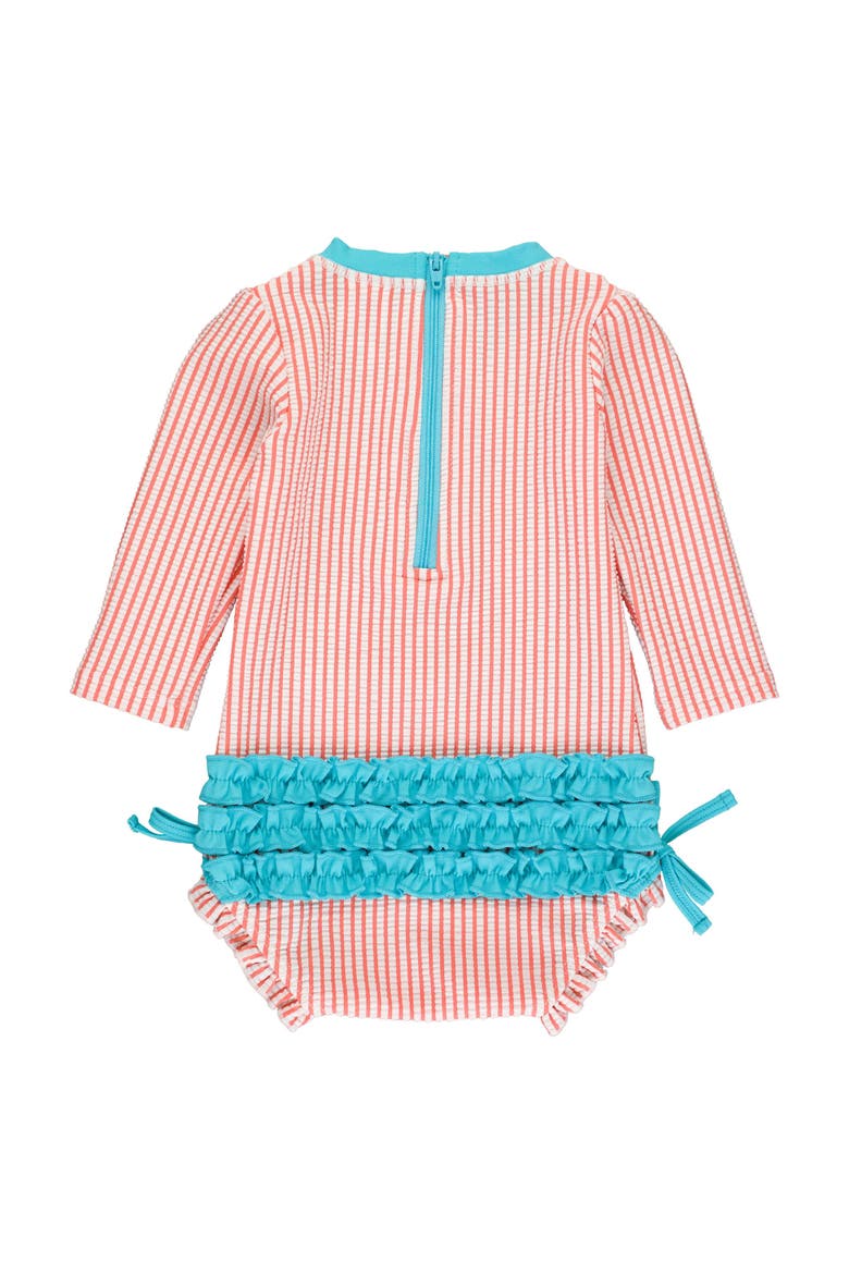 Girls Seersucker Long Sleeve UPF50+ One Piece Rash Guard, Alternate, color, Coral Seersucker