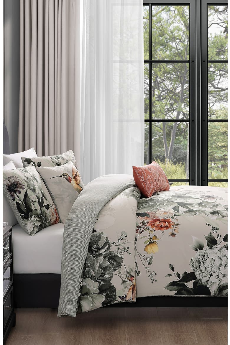 Hummingbird Bloom Reversible Cotton Sateen Comforter Set, Alternate, color, GREY