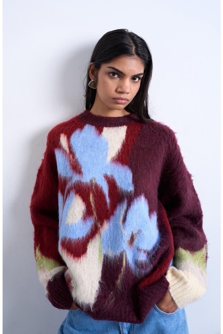 Blurred Floral Fuzzy Sweater, Main, color, BURGUNDY