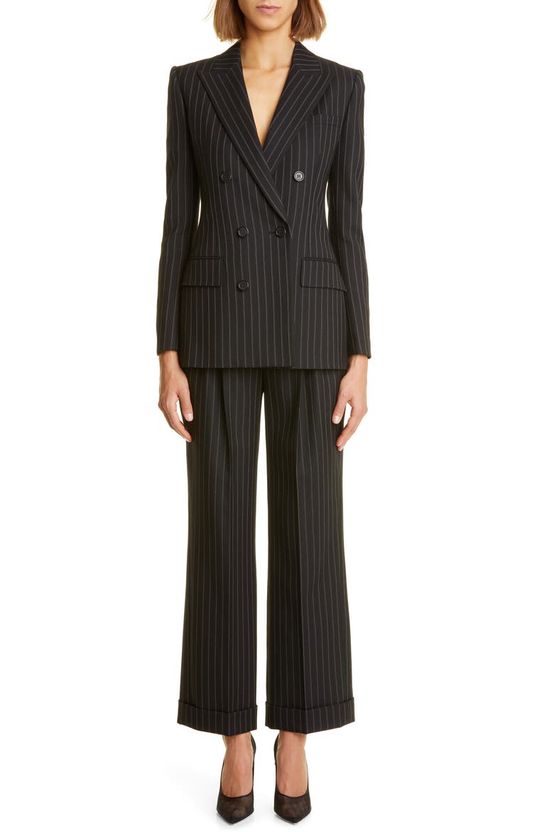 Pinstripe Double Breasted Wool Jacket, Alternate, color, NOIR CRAIE
