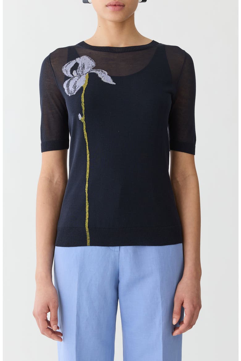 Iris Intarsia Short Sleeve Finespun Voile Sweater, Main, color, INK MULTI