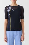 Lafayette 148 New York Iris Intarsia Short Sleeve Finespun Voile Sweater