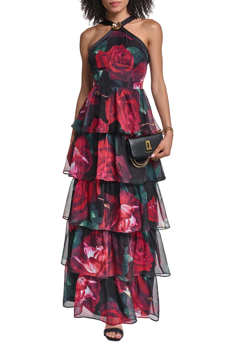 Floral Halter Neck Tiered Gown, Alternate, color, BLACK MULTI