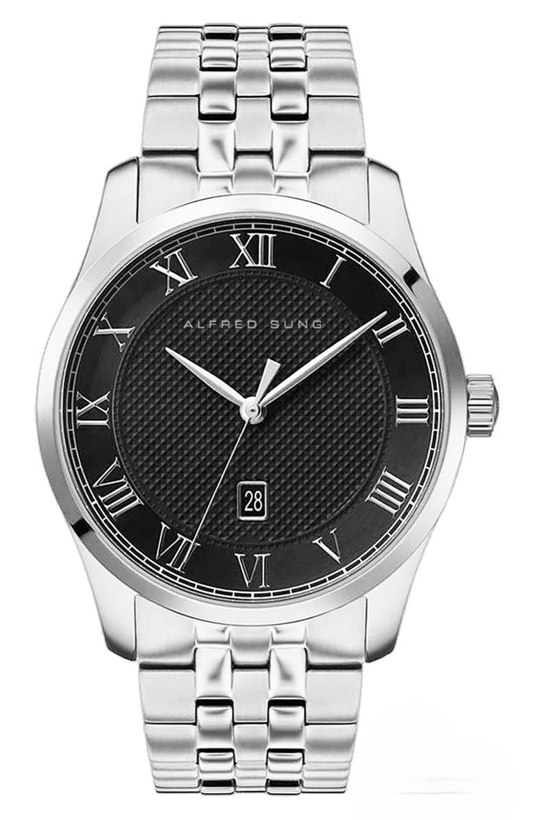 Alfred Sung Tempus Stainless Steel Bracelet Watch, 42mm, Main, color, Silver Bracelet Black Dial