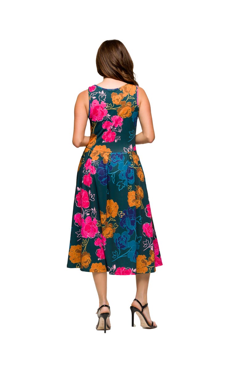 24seven Comfort Apparel Maternity Midi Length Blue Floral Print Sleeveless Pleated Pocket Dress, Alternate, color, 