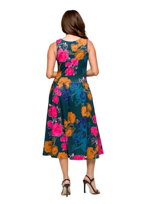 24seven Comfort Apparel Plus Size Midi Length Print Sleeveless Pleated Pocket Dress