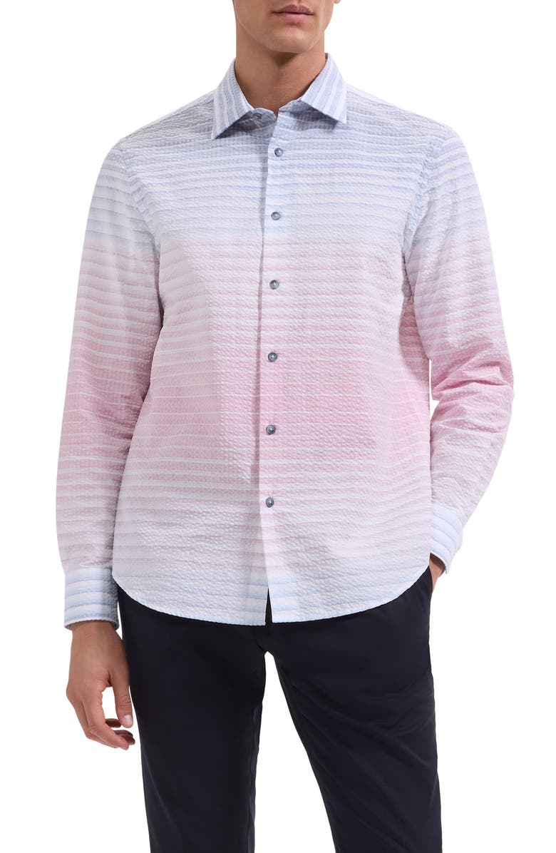 Bugatchi Julian Shaped Ombré Cotton Seersucker Button-Up Shirt, Main, color, Dusty Pink
