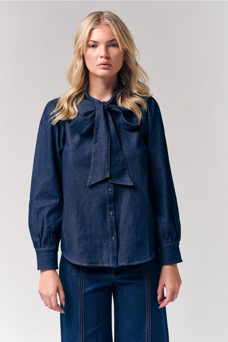 Bow Accent Denim Shirt, Alternate, color, Dark Blue