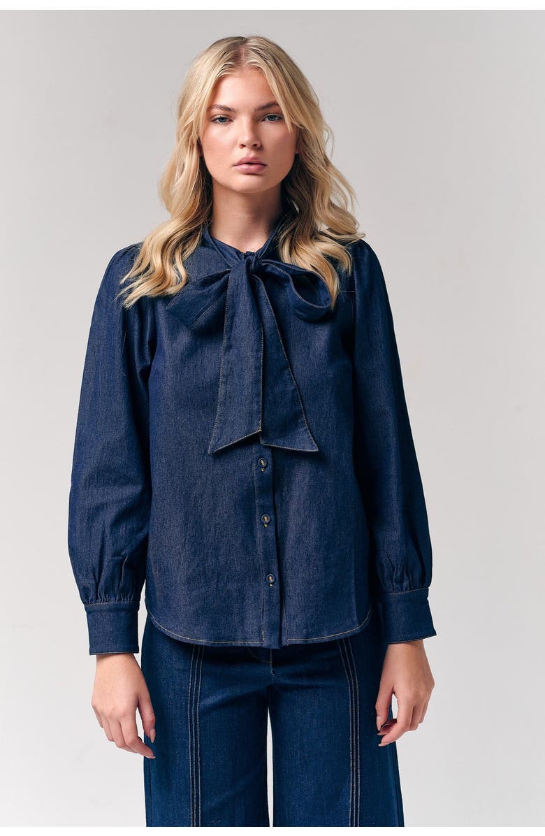 Le Fafo Bow Accent Denim Shirt, Alternate, color, Dark Blue