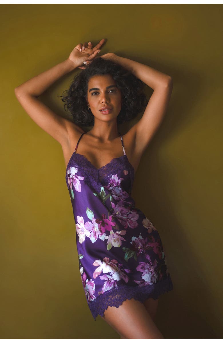 In Bloom by Jonquil Floral Lace Trim Satin Chemise, Alternate, color,