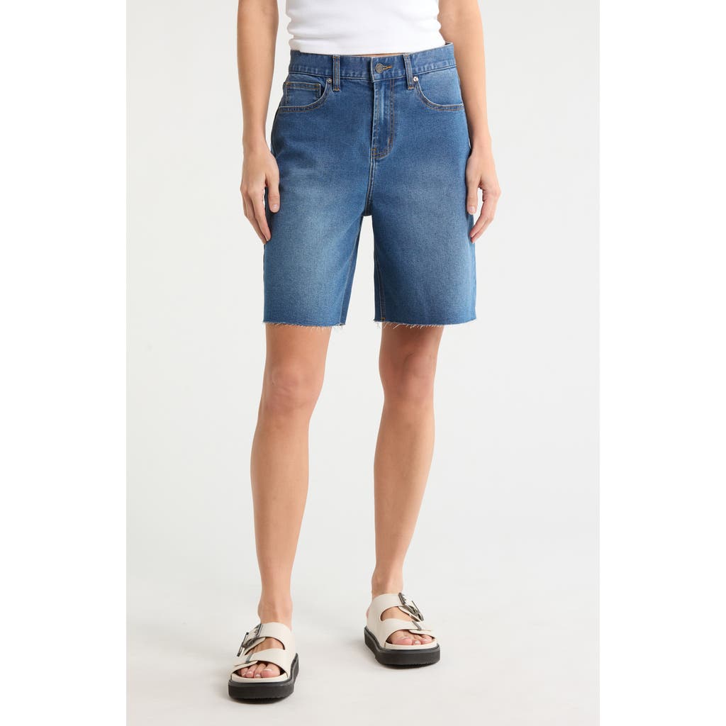 Vigoss Cutoff High Waist Bermuda Denim Shorts In Medium Wash