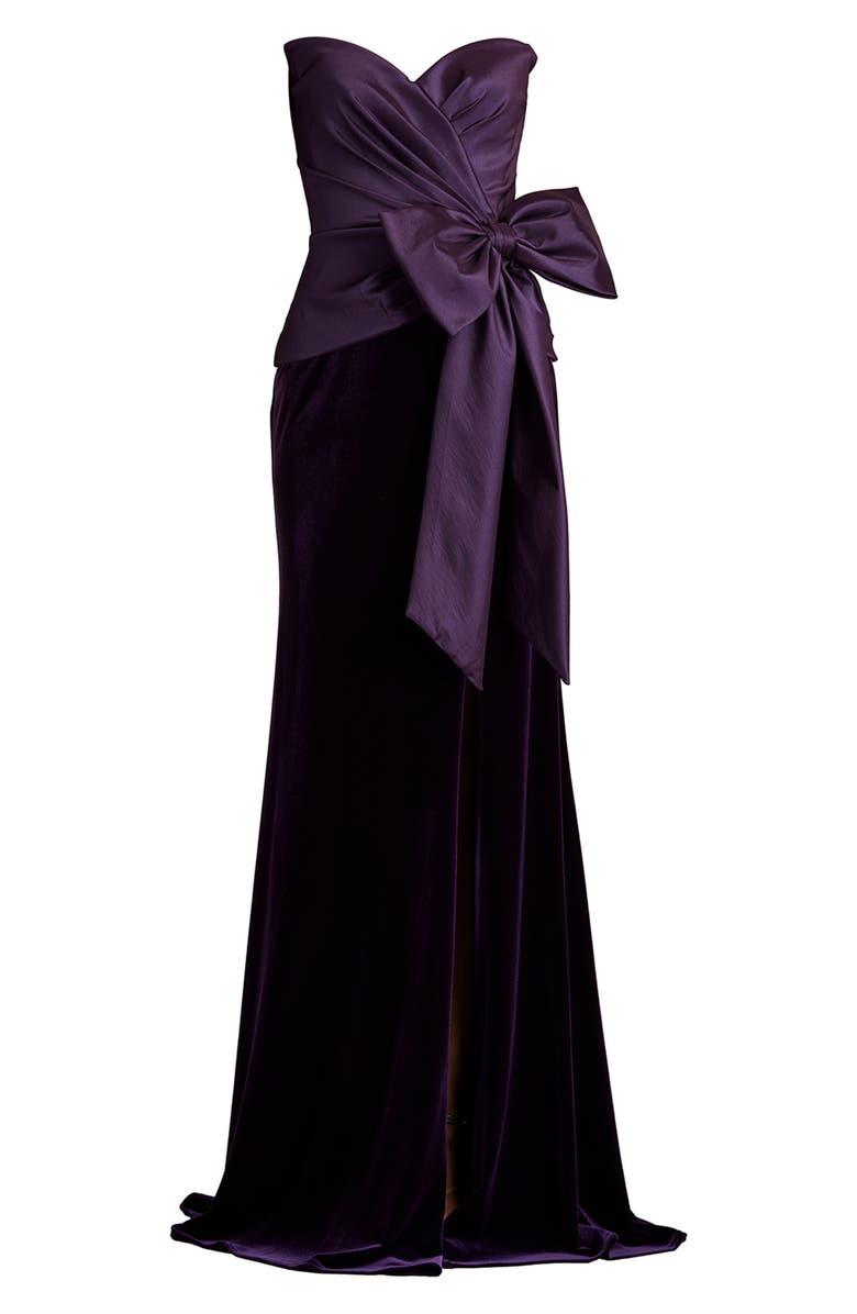 Tadashi Shoji Strapless Bow Detail Mixed Media Velvet Gown, Alternate, color,
