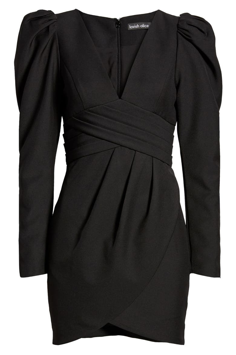 Pleated Front Long Sleeve Cocktail Dress, Alternate, color, BLACK BLACK