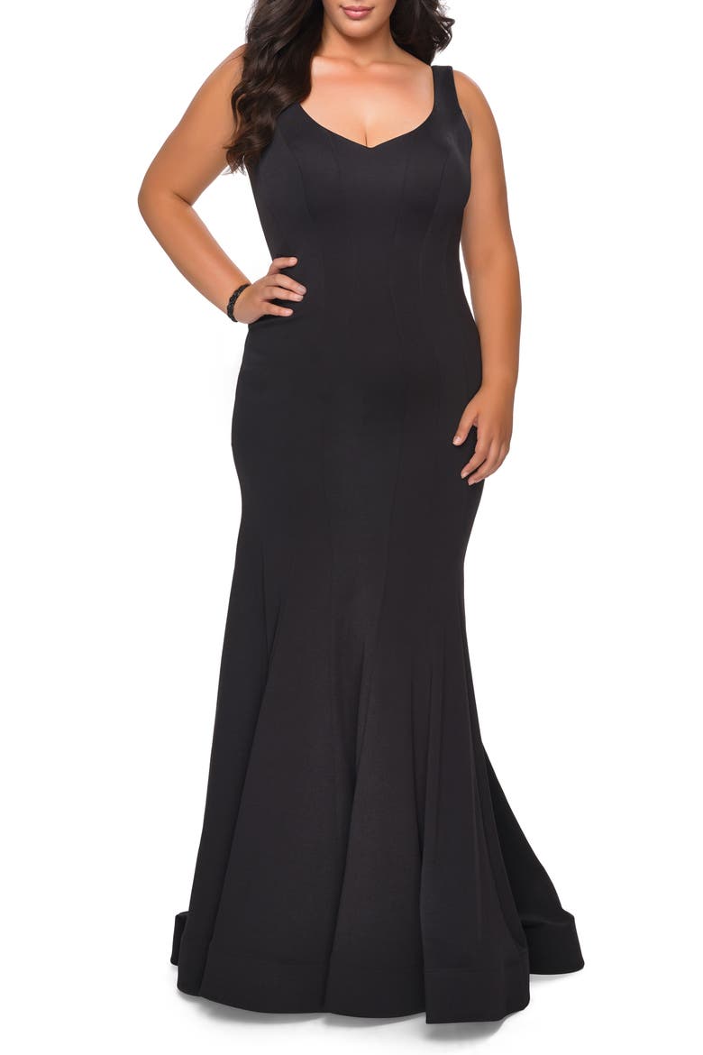 Long Jersey Plus Size Mermaid Dress, Main, color, BLACK