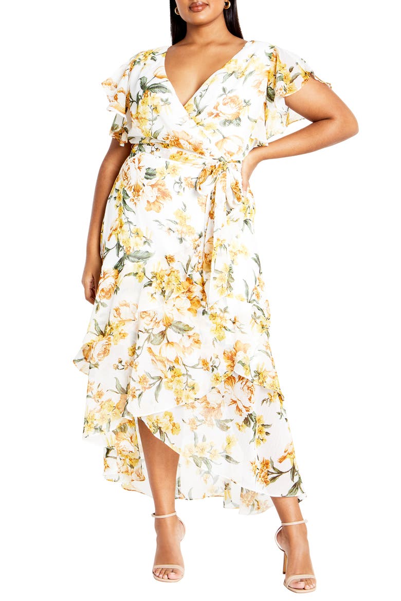 Floral Print Faux Wrap Dress, Main, color, BUTTER PERFECT PETAL